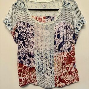 Ecote Blue and Red Bird Patterned Blouse Small